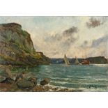 F. Every, sailing boats and a steamer by rocky cliffs, signed oil on board dated '87, 32cm x 45cm