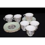 Royal Vale tea service with gilt foliate decoration on a green and white ground, consisting of six