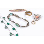 Jewellery, to include a turquoise set bracelet, a micromosaic heart brooch and bar brooch, a