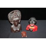 Balinese carving depicting a goddess, oriental wooden mask carving, "Jolly" cast iron money box with