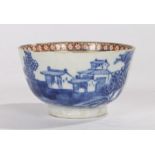 18th century English porcelain tea bowl, with crude blue landscape decoration, red and gilt