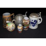 Three beer steins, two Japanese vases, Japanese jug (6)