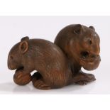 Japanese Meiji period boxwood netsuke, carved as two mice eating nuts, 4.5cm long