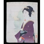Japanese Meiji period print, of a Geisha, in pen to the top of the page the text "To my dear Miss W.