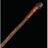 Japanese Meiji period walking stick, the root top above a smooth handle above a foliate and bird