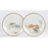 Pair of Japanese porcelain plates, decorated with fish swimming and seaweed shell surround, eight