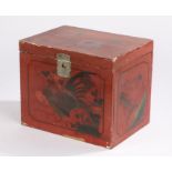 Japanese Meiji lacquered chest, in red with flower and hen decoration, 34.5cm wide