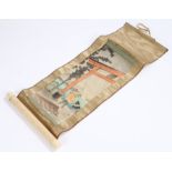 Japanese Meiji period scroll, of tiger figures standing by an entrance, script to the side, laid