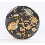 Japanese Meiji period shakudo brooch, decorated with flowers and bird, 27mm diameter