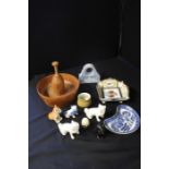 Works of art to include cherry wood bowl, wooden scoop, floral bowl, Wedgwood clock case etc (qty)