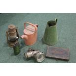 Mixed objects, to include two enamel cans, a lamp, BWC Washers advertising tin, Prices Cycle