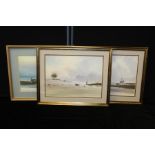 Three watercolours depicting coastal and estuary scenes with moored boats (3)