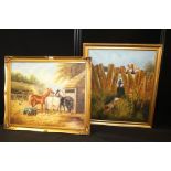 20th Century school, Horses by a stable, 60cm wide, signed Robson, the second Dogs chasing a hare,