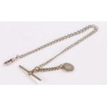 Silver pocket watch chain with T bar and attached Victorian four pence piece dated 1840, 33cm long