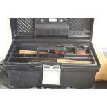 Black fishing tackle box and accessories, to include two reels, floats, etc.