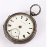 Silver open face pocket watch, with a white enamel dial