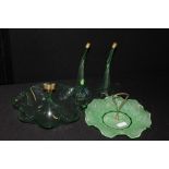 Green glass epergne with two trumpet form vases, green glass cake plate (2)