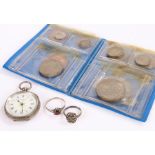 Silver open face pocket watch, together with two rings and wallet with coins, (qty)