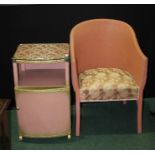 Lloyd Loom style bedroom chair and bedside cabinet, painted pink and gold (2)