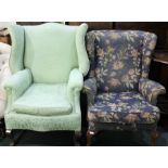 Wing back armchair upholstered in a green foliate material, wing back armchair upholstered in a