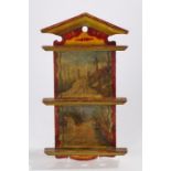 19th Century polychrome decorated spoon rack, dated 1847 above three tiers and street scene