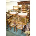 Oak draw-leaf refectory style table, raised on pierced end supports and sledge feet, together with