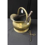 Brass coal scuttle, brass scissor action coal tongs, steel shovel (3)