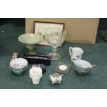 Works of art to include oriental rice bowls and spoons, art pottery dish, large glass pedestal bowl,