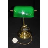 Brass desk lamp, with adjustable stem and green glass shade