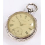 Silver open face pocket watch, with a white enamel dial