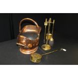 Copper coal helmet, brass companion set, brass chestnut roaster (qty1)