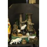 Works of art, to include an oil lamp, pair metal vases, spelter figures AF, candlesticks, ceramics