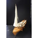 Wooden model sailing yacht with linen sails, 75cm wide