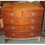 Victorian mahogany and boxwood strung bow font chest of two short and three long drawers, raised