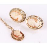 9 carat gold cameo necklace, together with a pair of cameo earrings, (3)