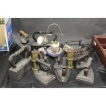 Collection of 19th Century irons, and stands, also together with a coffee cup and saucer stand (