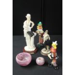 Two Murano glass clowns, together with two figures and two pieces of glass, (6)