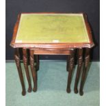 Nest of three mahogany occasional table, with green leather and glass inset tops, on cabriole
