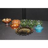 Decorative glassware, to include carnival glass dishes, six green glass sundae dishes etc. (qty)