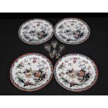 Four Ironstone China Patent dinner plates decorated with oriental landscape scenes, three glass