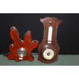 Oak cased barometer/thermometer, barometer housed in a varnished piece of timber (2)