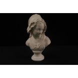 Resin bust depicting a young girl wearing a a bonnet, 45cm high