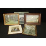 Two oil paintings depicting Broadhurst landscape scenes, watercolour of a coastal town,