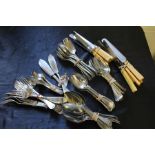 Plated flatware, to include simulated bone handled knives, fish knives and forks, preserve spoons