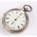 Silver open face pocket watch, with a white enamel dial