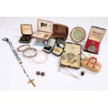 Jewellery, to include a silver bracelet, a sewing bag, a coin pendant, earrings, rosary beads,