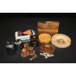 Decorative items to include set of dominoes housed in a book form box, wooden cruet set, tea caddy