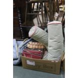 Cushions to include two bolsters, three floral tapestry cushions, blanket etc. (qty)