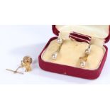 Pair of 9 carat gold earrings, with drops, together with a 9 carat gold horse head stud