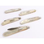 Five mother of pearl handled fruit knives with silver blades, various dates and makers (5)